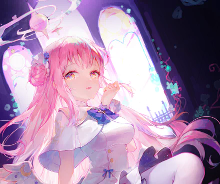 4K Ultra HD PC desktop wallpaper/background of Misono Mika from the video game Blue Archive — pink-haired girl in a frilled white outfit, glowing window and floral accents.