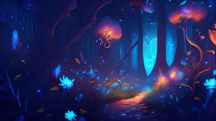 AI Art fantasy forest: luminous blue‑purple woodland path with glowing flora and floating lights, 2K Quad HD PC desktop wallpaper/background