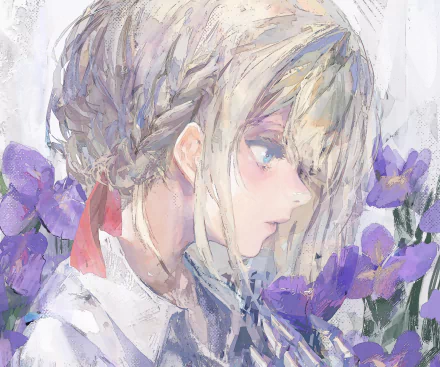 HD anime wallpaper featuring Violet Evergarden in a soft, painterly style with purple flowers, capturing the character's delicate and introspective essence.