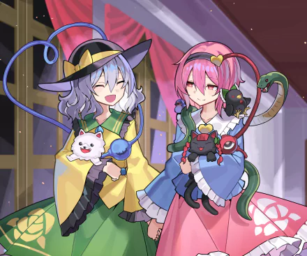 HD anime desktop wallpaper featuring Satori Komeiji and Koishi Komeiji from Touhou, showcasing vibrant colors and detailed character designs in a cozy indoor setting.