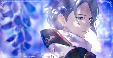 Kamisato Ayato from Genshin Impact, close-up portrait with cool blue lighting and floral bokeh — 2K Quad HD PC desktop wallpaper/background.