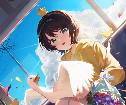 Oozora Subaru (hololive) anime Virtual Youtuber portrait with a duck and white dove under a bright blue sky — 2K Quad HD PC desktop wallpaper background