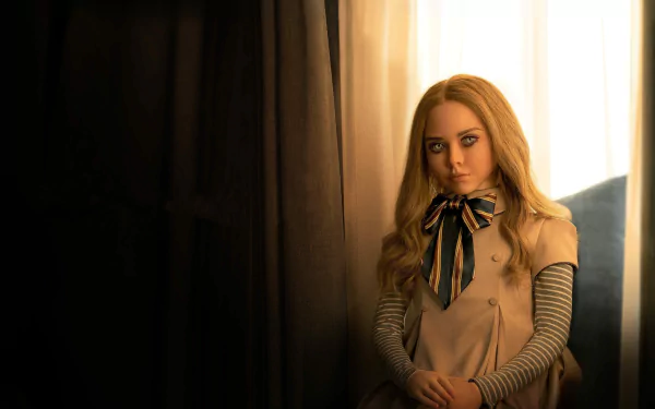 M3GAN movie portrait: eerie blonde doll gazes from a shadowed room — 4K Ultra HD PC desktop wallpaper and background.