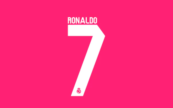 Cristiano Ronaldo's name and number 7 in bold white on a vibrant pink background, featuring the Real Madrid C.F. logo, in a 4K Ultra HD desktop wallpaper style.