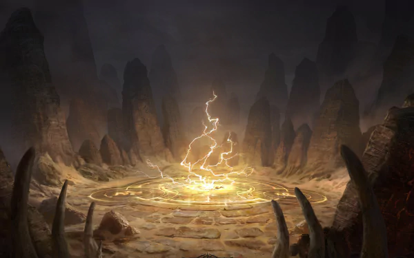 HD PC desktop wallpaper featuring a glowing magical circle surrounded by jagged rocks in a dark, eerie landscape from the video game Diablo Immortal.