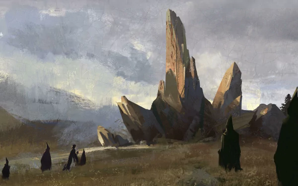 4K Ultra HD PC desktop wallpaper from the video game Hogwarts Legacy, featuring towering rocky spires under a cloudy sky with cloaked figures in the foreground.