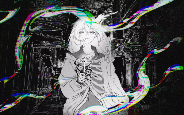 HD anime-style desktop wallpaper featuring Minase Rio from Holostars as a Virtual YouTuber, depicted with glitch effects in a monochrome urban setting.