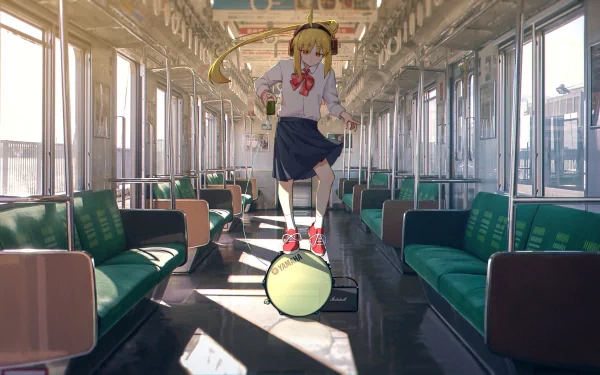 Nijika Ijichi from *Bocchi the Rock!* stands on a drum in an empty train, showcasing a vibrant scene in this 4K Ultra HD desktop wallpaper.