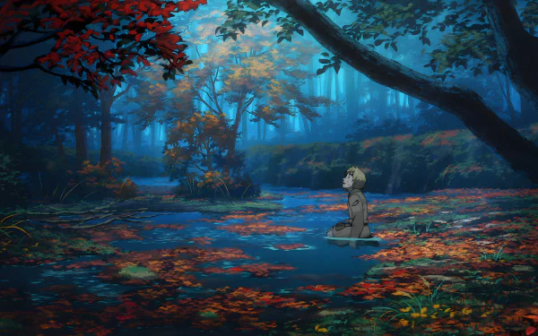 Thorfinn from Vinland Saga stands pensively in a serene, autumn forest, surrounded by vibrant foliage and a tranquil water scene, creating a captivating 8K Ultra HD wallpaper.