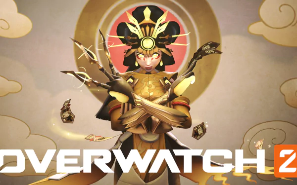 HD desktop wallpaper of a character from Overwatch 2, featuring a golden-armored figure with multiple arms, floating books, and a serene backdrop.