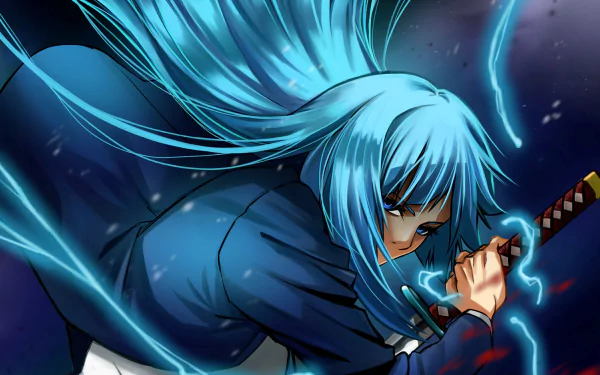 Kasumi Miwa (Jujutsu Kaisen) in a dynamic blue-haired battle pose, gripping a glowing sword — HD anime PC desktop wallpaper background.