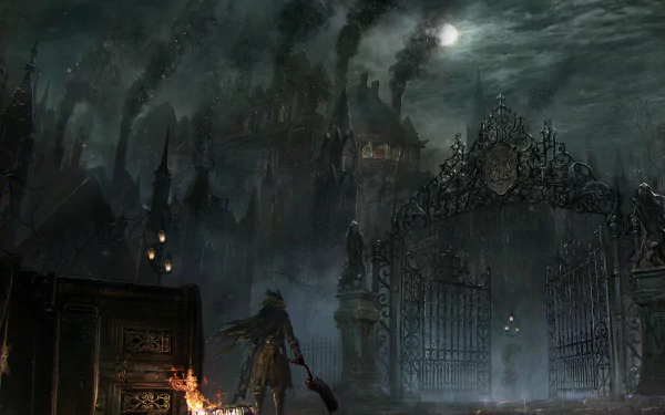 A moody HD PC wallpaper from the video game Bloodborne, featuring a dark, gothic landscape with towering gates and smoke-filled skies, evoking a sense of mystery and adventure.