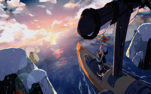 An HD desktop wallpaper featuring Portgas D. Ace from the anime One Piece, standing on a ship's bow, gazing at a vibrant sunset over the ocean.