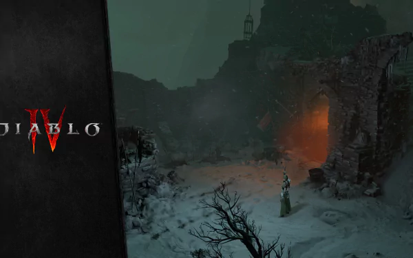 HD desktop wallpaper featuring a snowy scene from Diablo IV, with a glowing portal and ruins under a murky sky.
