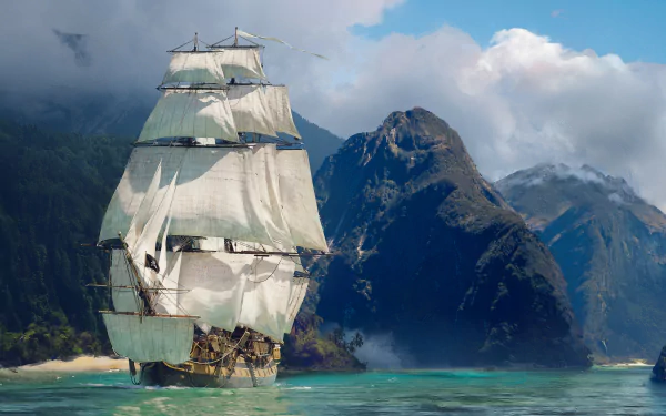 A majestic fantasy ship sailing through a mystical realm, an enchanting choice for HD desktop wallpaper.
