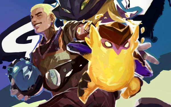 2K Quad HD PC wallpaper of Valorant agent Gekko from the video game, grinning with a glowing yellow companion against a bold graphic backdrop.