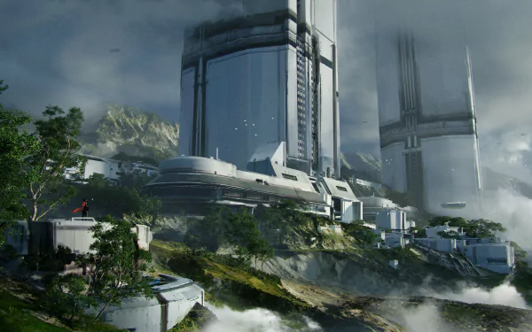 Sci-fi building complex on misty cliffs with terraces and connecting walkways — 4K Ultra HD PC desktop wallpaper and background.