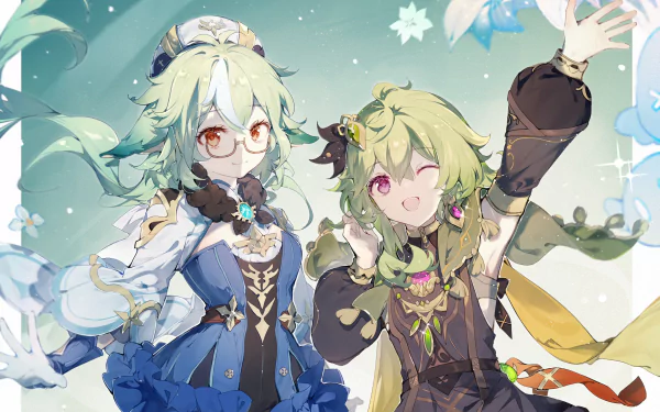HD PC desktop wallpaper featuring Sucrose and Collei from the video game Genshin Impact, depicted with vibrant colors and dynamic poses.