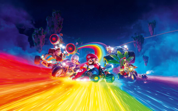 Vibrant 8K Ultra HD wallpaper featuring characters from Super Mario Bros. (2023) racing through a colorful, dynamic rainbow-lit track in a fantasy landscape.