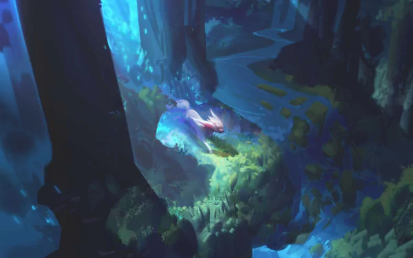 Glowing fantasy animal curled on a mossy ledge in a bioluminescent blue cavern — vivid HD PC desktop wallpaper background.