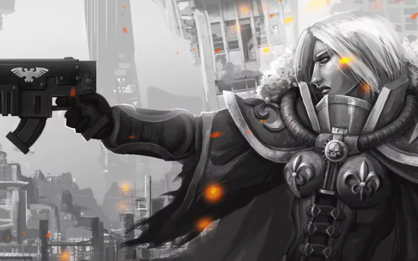 HD PC desktop wallpaper/background: Warhammer 40,000 Battle Sister from Warhammer 40k video game — armored warrior firing a bolter in a ruined city, glowing orange embers.