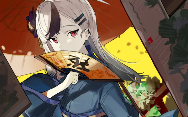 Video game character Onikata Kayoko (Blue Archive) in a 2K Quad HD PC desktop wallpaper: red-eyed heroine in a blue kimono holding a decorative fan amid vibrant lanterns.