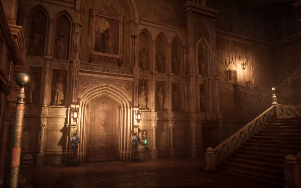 4K Ultra HD PC desktop wallpaper from the video game Hogwarts Legacy: dimly lit castle corridor with carved wooden doors, hanging portraits, a sweeping stone staircase and warm torchlight.