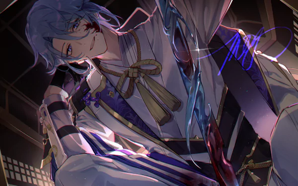 HD PC desktop wallpaper featuring Kamisato Ayato from the video game Genshin Impact in a dynamic, detailed anime-style artwork.