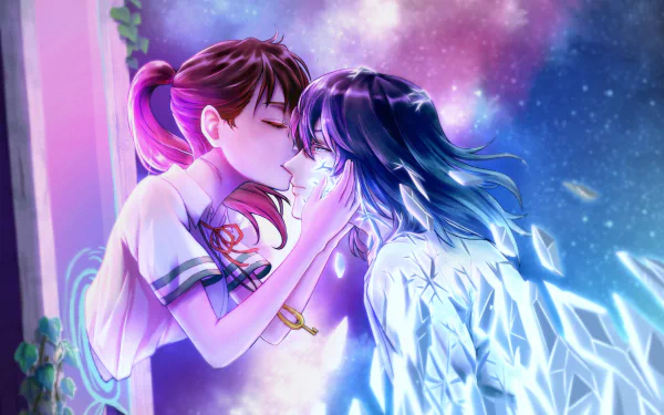 HD anime desktop wallpaper featuring Souta Munakata and Suzume Iwato from Suzume no Tojimari, sharing a tender moment with a vibrant, starry background.
