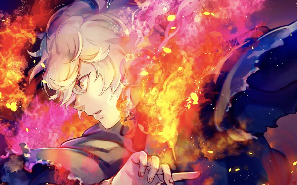 Dynamic HD wallpaper of Gabimaru from Hell's Paradise, showcasing vibrant colors and intense flames, capturing the essence of the anime's thrilling atmosphere.