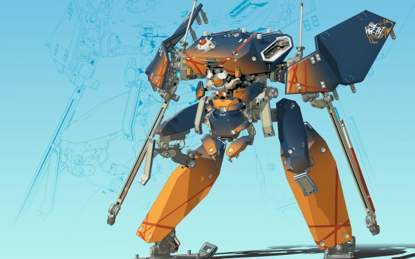 HD desktop wallpaper featuring an artistic render of an orange mech robot with blueprint sketches in the background.