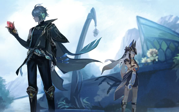 HD PC desktop wallpaper featuring Cyno and Al-haitham from the video game Genshin Impact, set against a bright, detailed outdoor background.