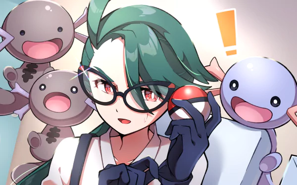 Green-haired, bespectacled Pokémon trainer holding a Poké Ball, surrounded by smiling Wooper-like Pokémon. 2K Quad HD PC desktop wallpaper and background — Pokémon: Scarlet and Violet.