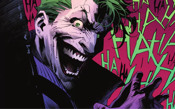 HD PC desktop wallpaper featuring a comic-style Joker with a sinister grin and green hair, set against a vibrant background filled with HA laughter text.