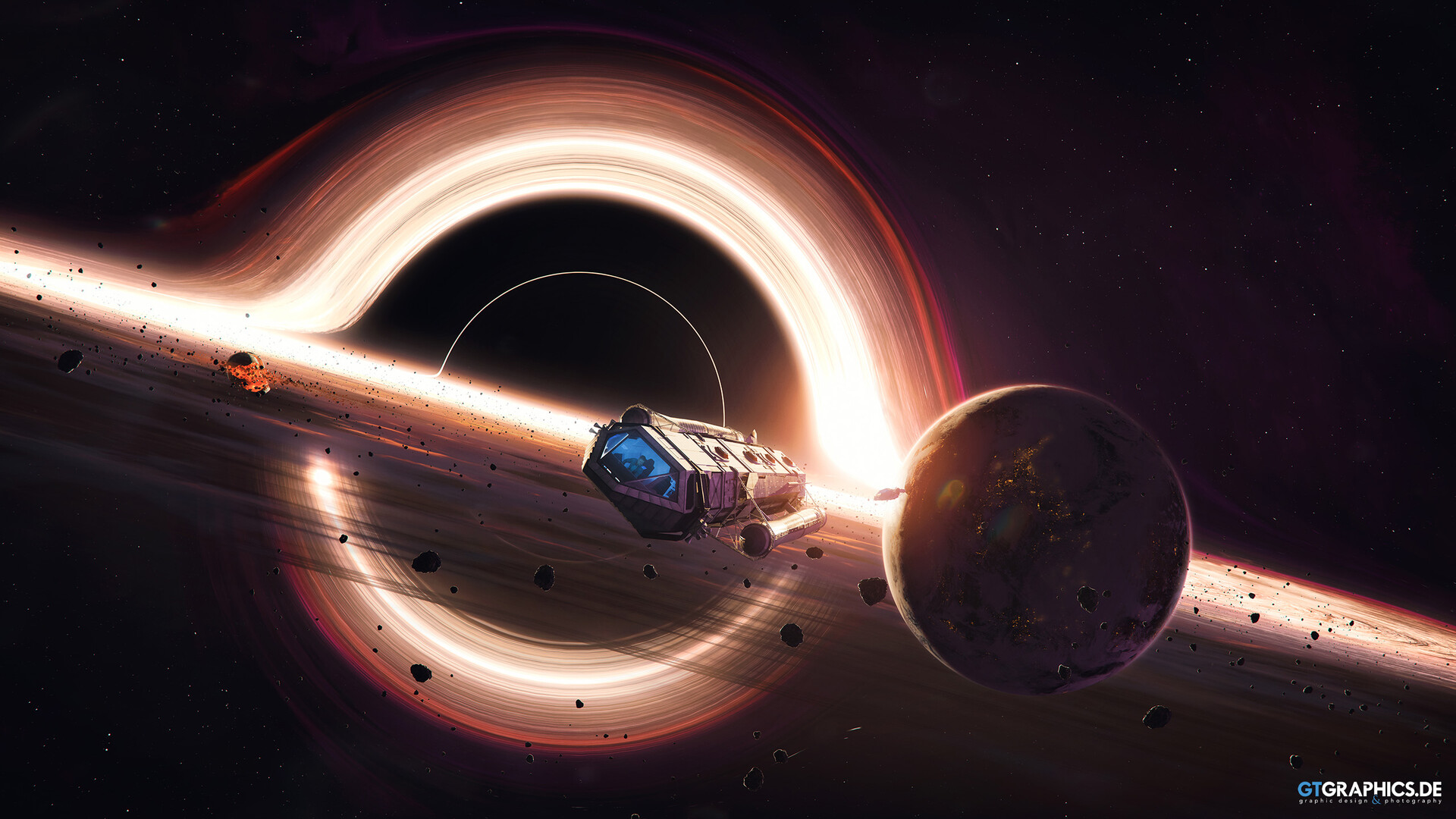 HD wallpaper of a black hole with a spaceship and planets, perfect for desktop background.