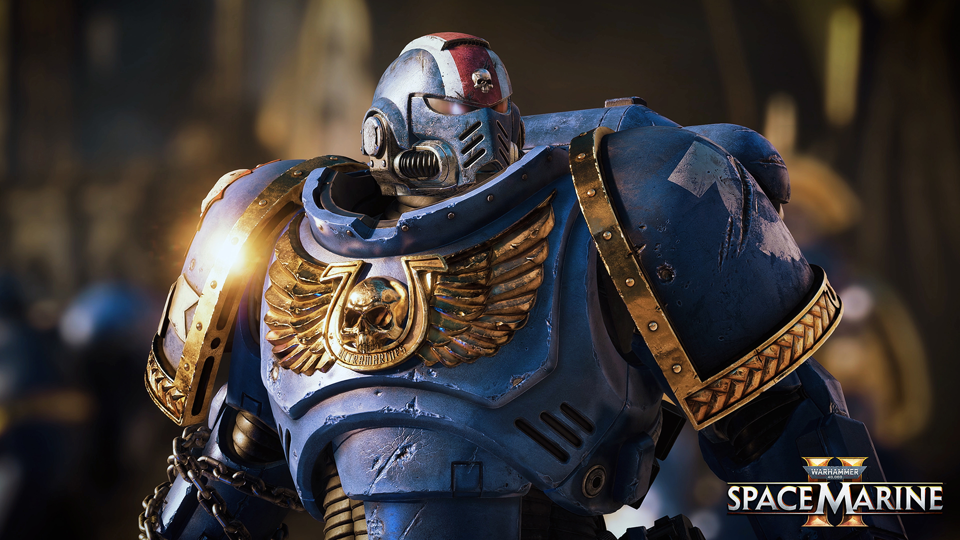 HD Wallpaper of Warhammer 40K: Space Marine 2 featuring a detailed Space Marine in armor with game logo