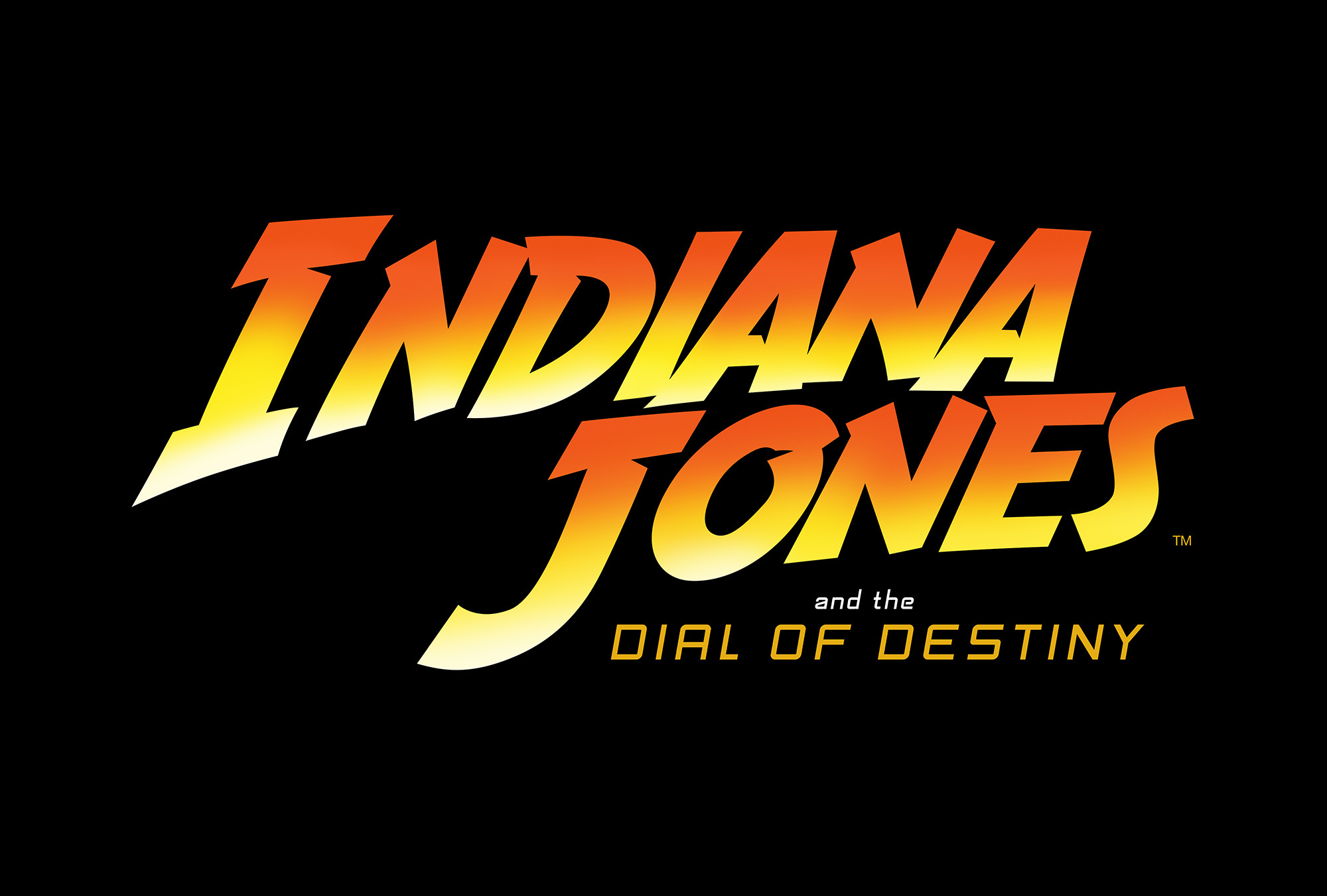 HD desktop wallpaper featuring the logo of 'Indiana Jones and the Dial of Destiny' in bold yellow and red text against a black background.