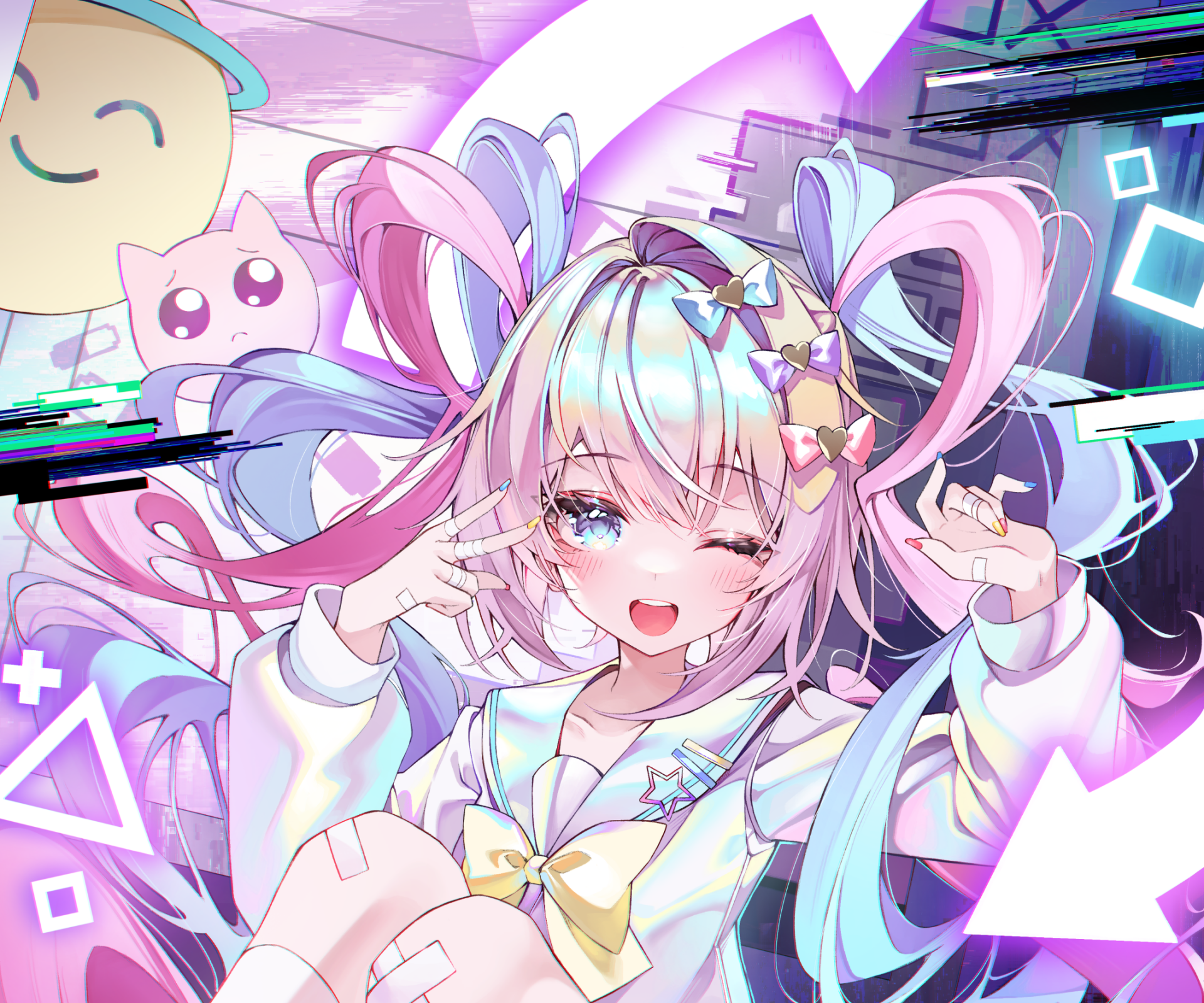 HD PC desktop wallpaper of OMGkawaiiAngel-chan from the video game NEEDY GIRL OVERDOSE: winking pastel-haired anime girl with twin-tails, neon glitch accents and a cat plush.