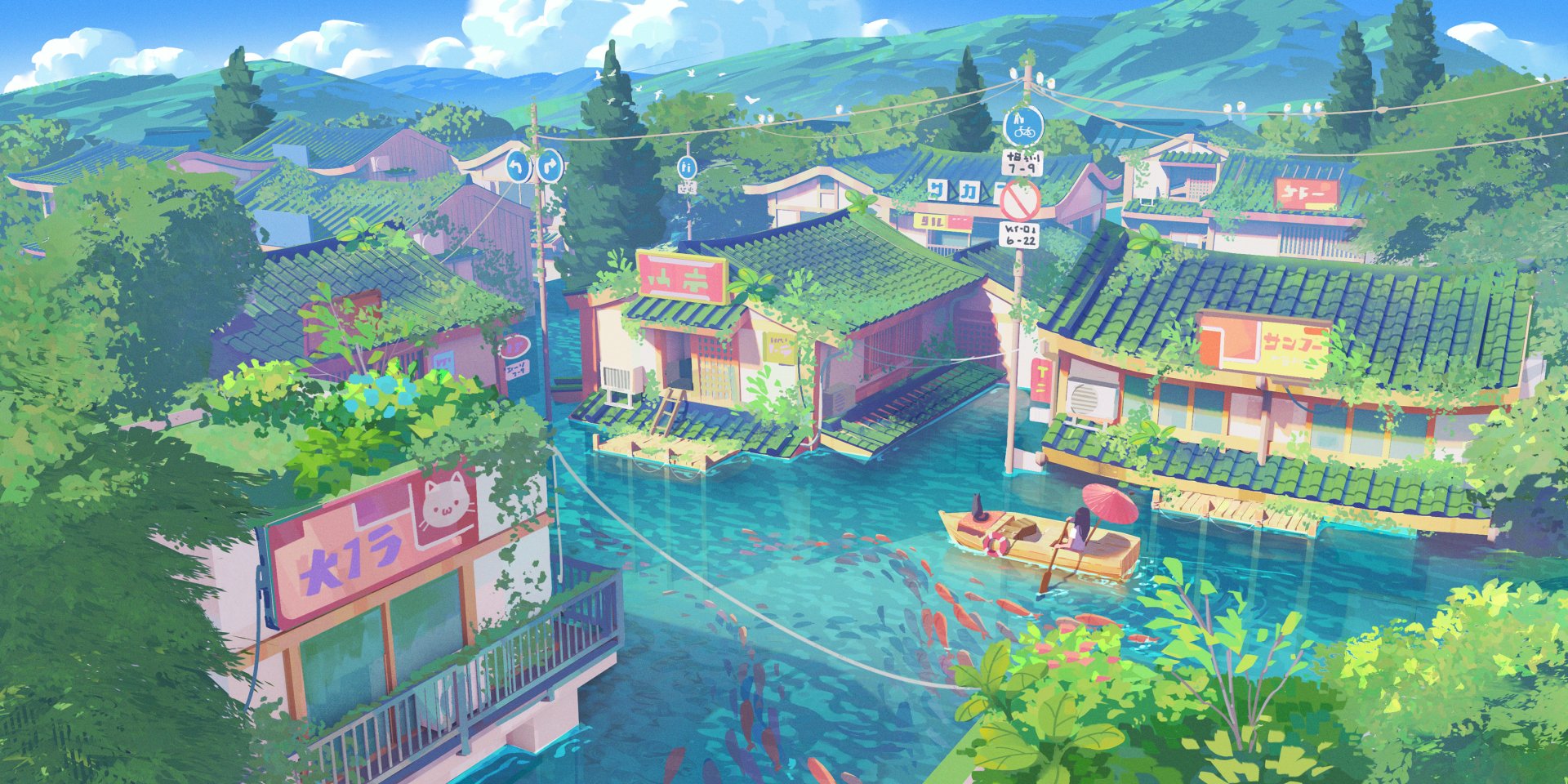 HD fantasy cityscape wallpaper depicting vibrant houses with greenery, waterways, and koi fish under a bright blue sky.