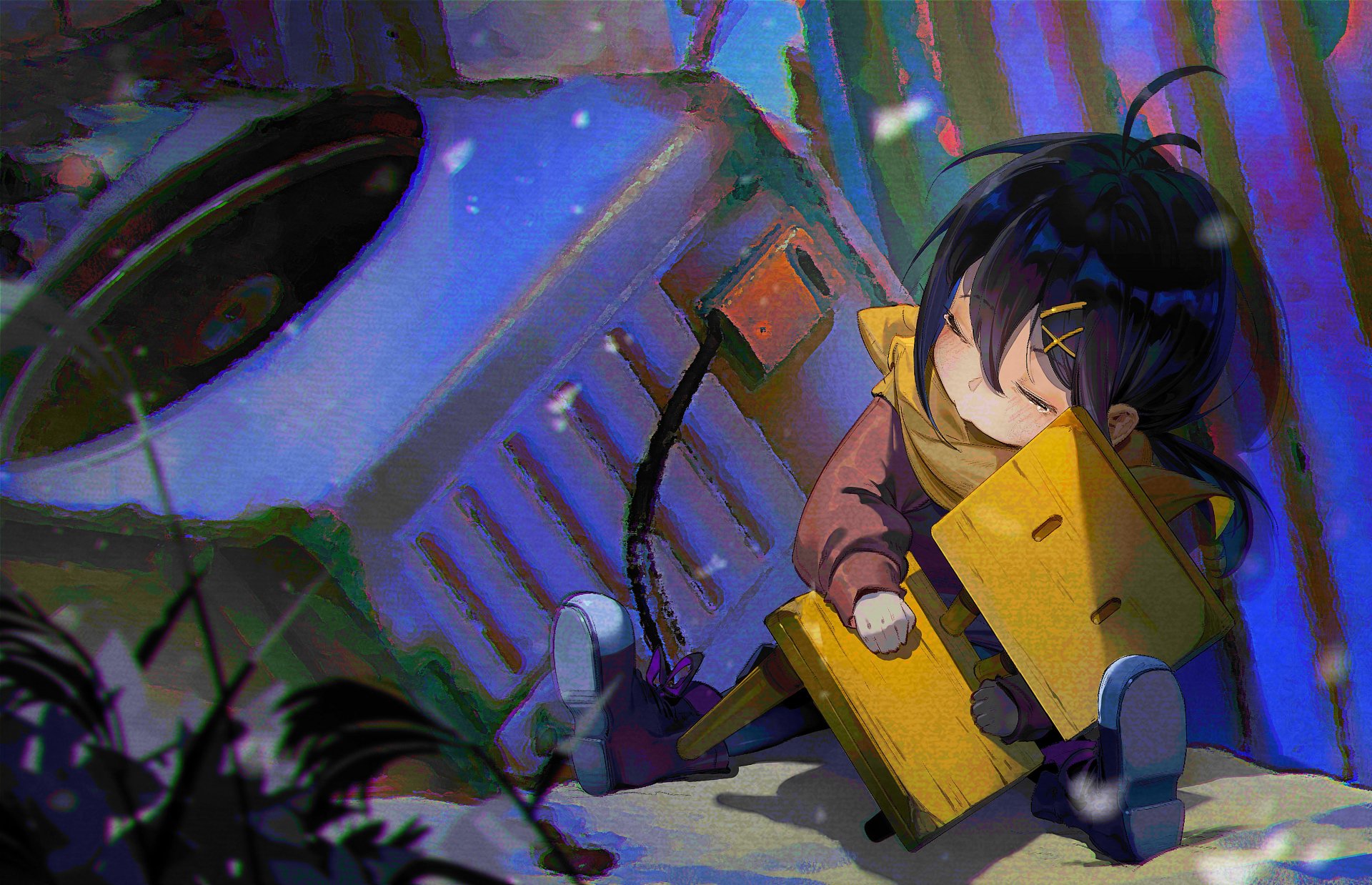 Anime-style 4K Ultra HD wallpaper featuring Suzume Iwato from Suzume no Tojimari, showing her resting peacefully beside a small yellow robot in a vibrant, detailed scene.