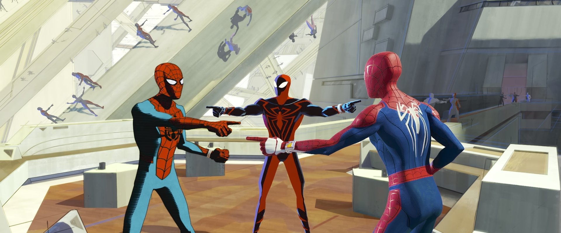 HD PC desktop wallpaper from the movie Spider-Man: Across the Spider-Verse, featuring three Spider-Men in colorful suits facing each other in a dynamic standoff.
