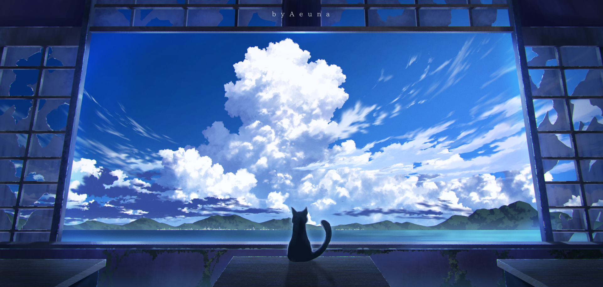 A serene anime cat gazes out at a breathtaking sky filled with fluffy clouds, set against a tranquil landscape. This vibrant image serves as an HD PC desktop wallpaper and background.