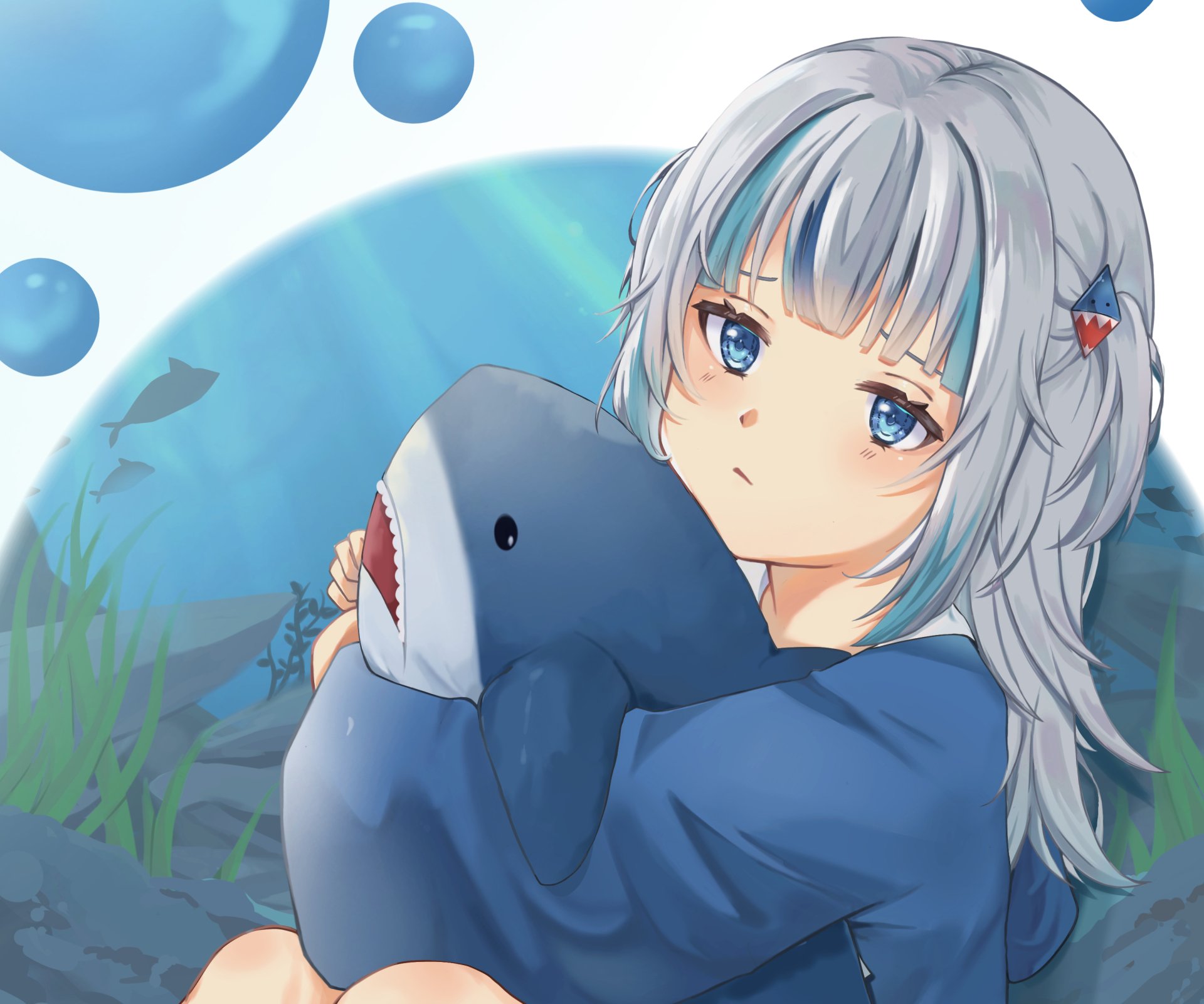 HD anime desktop wallpaper featuring Gawr Gura, the Virtual YouTuber from hololive, hugging her shark plush with an underwater background.