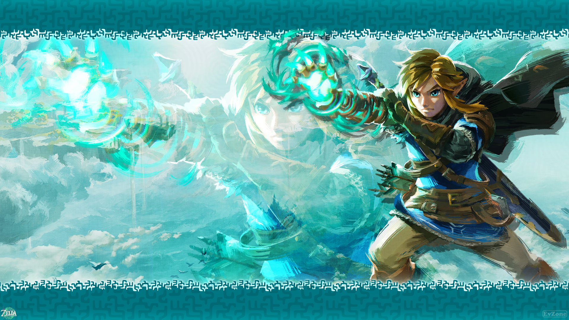 A captivating HD wallpaper featuring Link from the video game The Legend of Zelda: Tears of the Kingdom, showcasing dynamic colors and powerful magic effects against a fantastical backdrop.