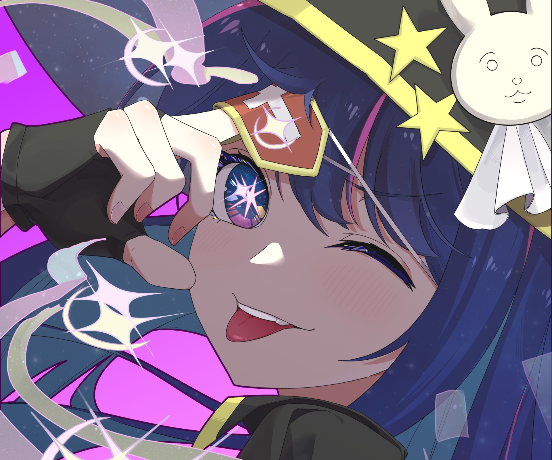 HD PC desktop wallpaper featuring Ai Hoshino from the anime Oshi no Ko, showcasing her vibrant expression with star and moon accessories in bright, colorful art style.