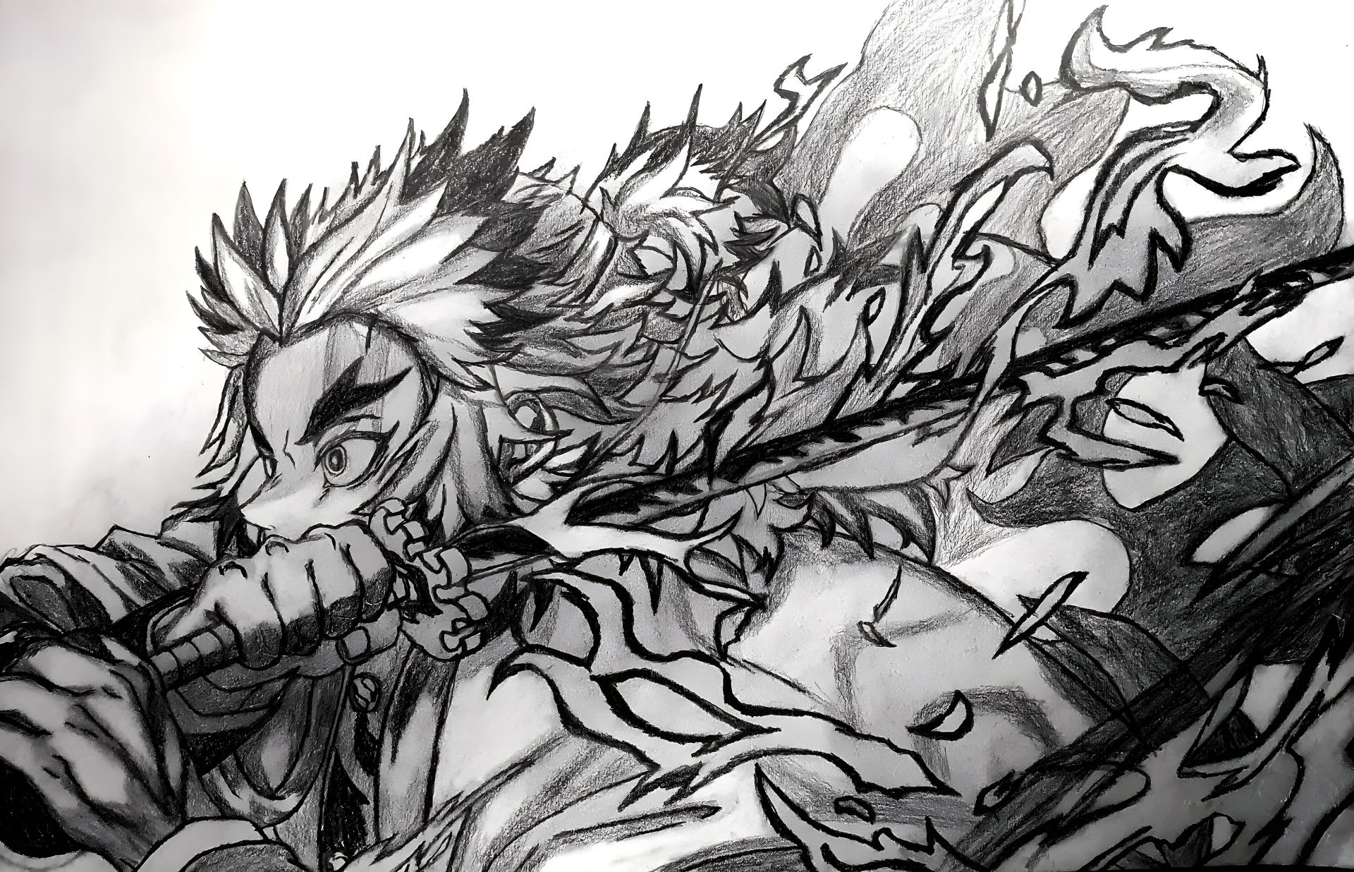 Kyojuro Rengoku from Demon Slayer: Kimetsu no Yaiba is depicted in this striking black-and-white 4K Ultra HD anime wallpaper, showcasing dynamic action and flame motifs.