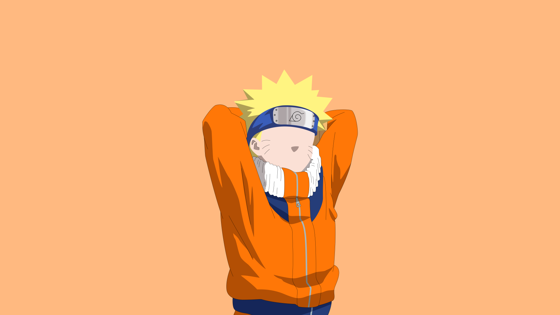 Naruto Uzumaki stretching in his orange jacket on a peach backdrop — anime 4K Ultra HD PC desktop wallpaper and background.