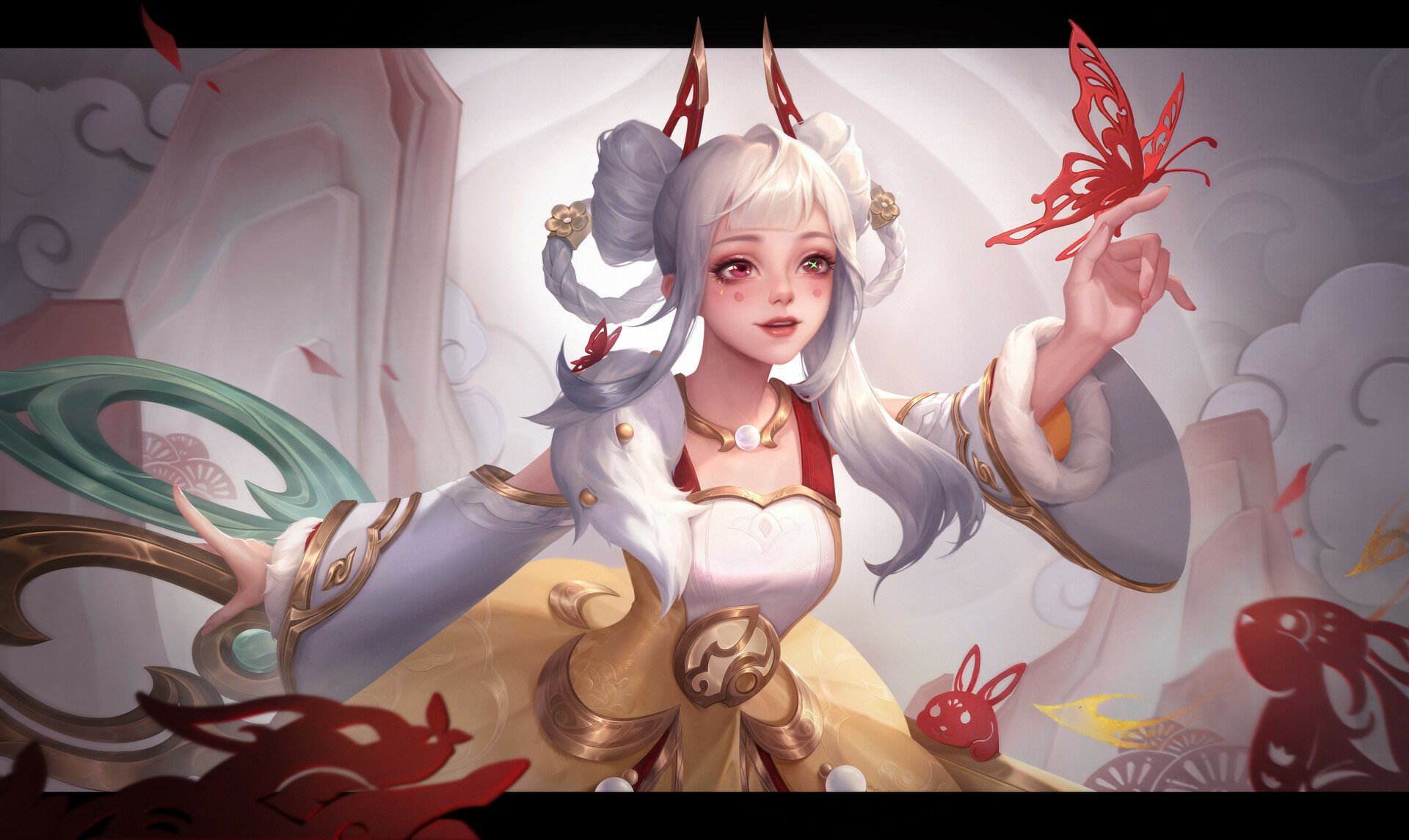 HD PC desktop wallpaper of Gwen (League of Legends) from the video game: white‑haired, doll‑like champion in an ornate kimono reaching for a red butterfly amid a soft decorative backdrop.