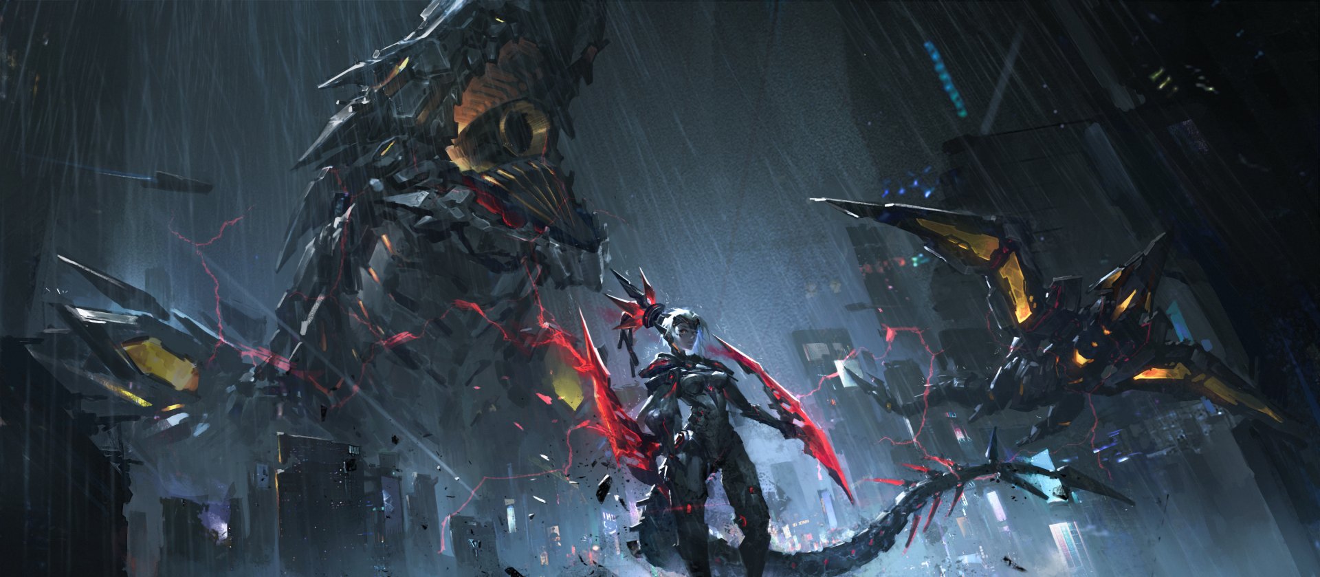 4K Ultra HD anime-style Yu-Gi-Oh! themed wallpaper featuring a futuristic armored character facing a massive mechanical dragon in a dark, rainy cityscape.