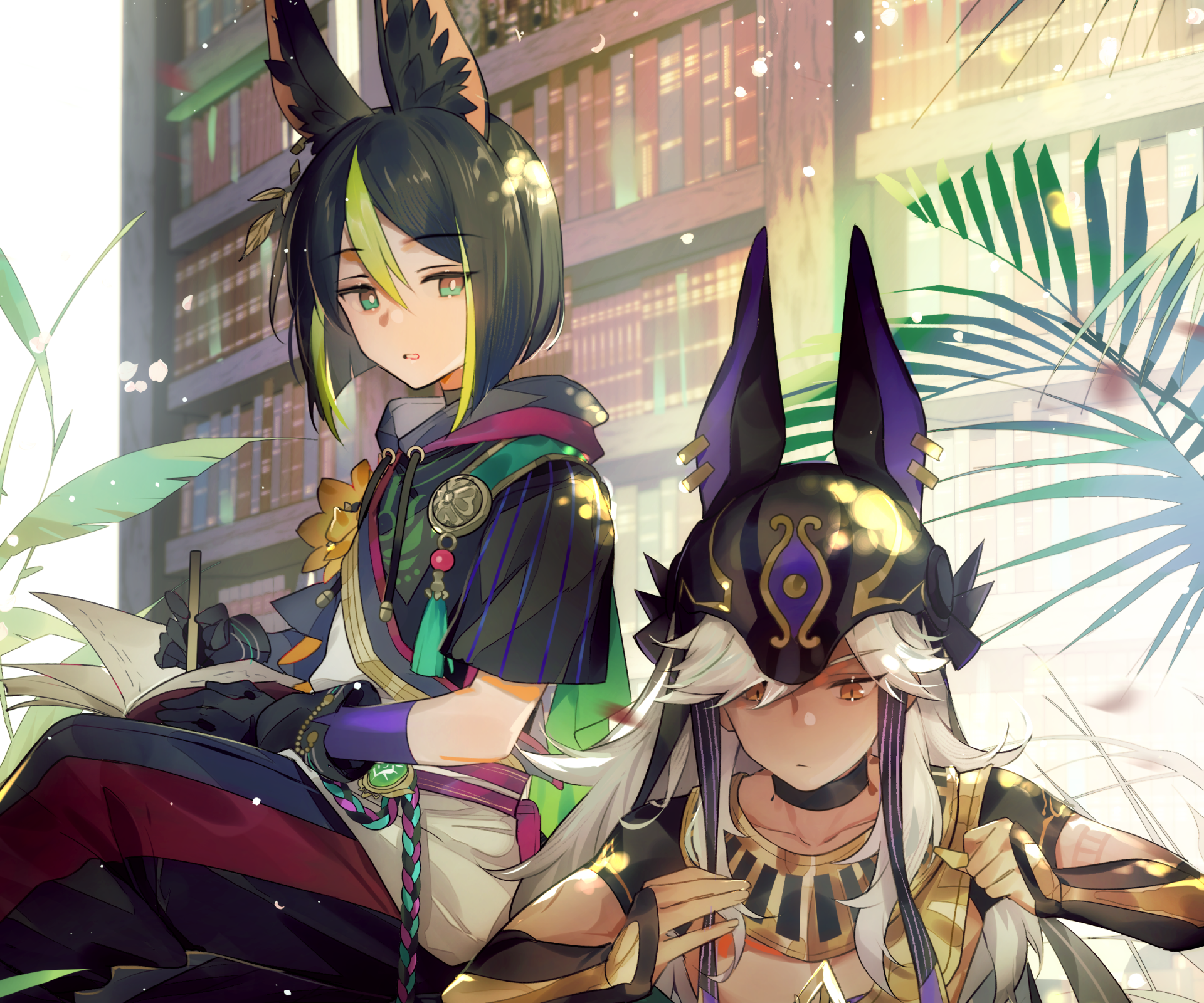 HD PC desktop wallpaper of Cyno and Tighnari from the video game Genshin Impact, seated in a sunlit interior with tropical plants, intricate outfits, and warm, detailed lighting.